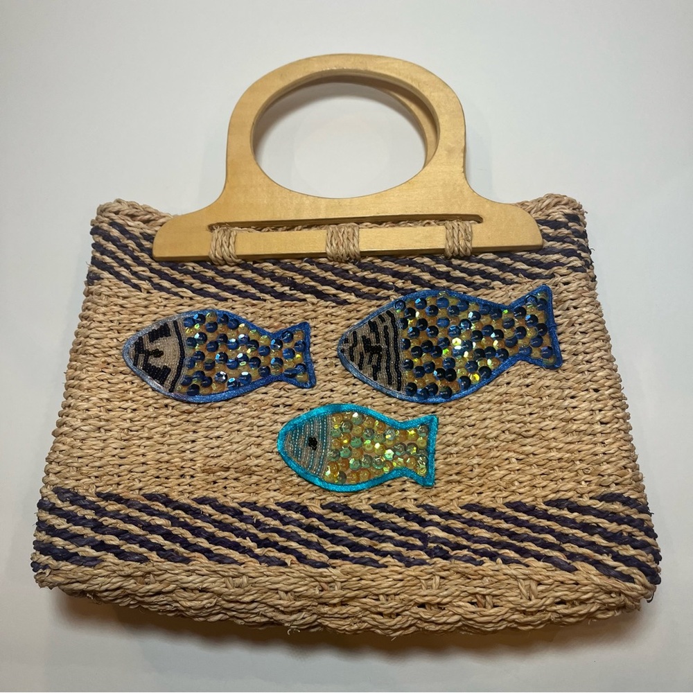 Woven Summer Handbag Purse w/ Wooden Handle Blue Sequin Fish 100% Cornhusk